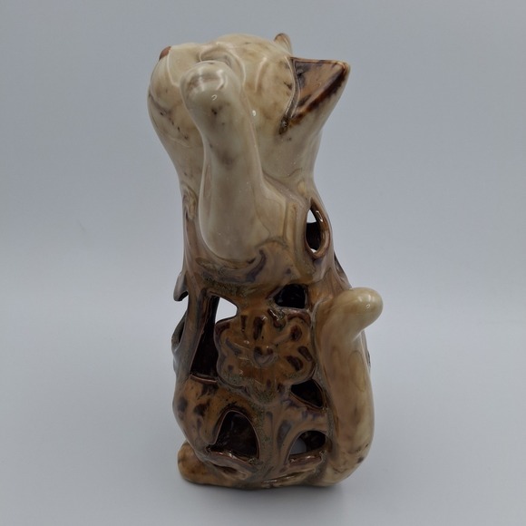 MCM Ceramic Cat Figurine Collectible Artist Handmade 7" Tall Brown Hollow Beging - Picture 4 of 10